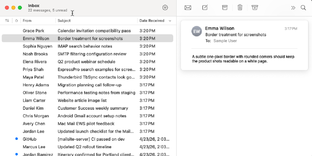 Mac Mail inbox connected to MailSite as an Exchange account