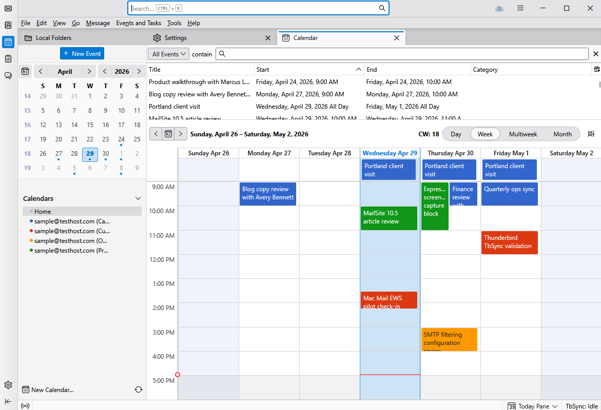 Thunderbird calendar synchronized with MailSite through TbSync