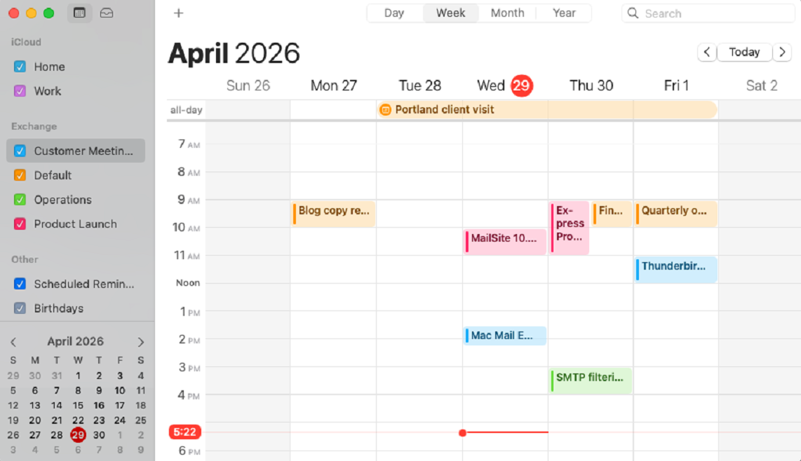 Mac Calendar showing MailSite calendar data through an Exchange account