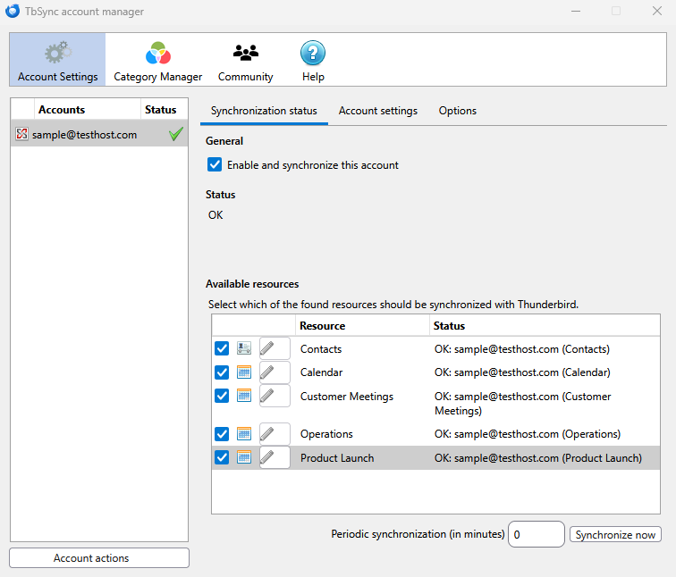 Thunderbird TbSync account manager showing synchronized MailSite contacts and calendar
