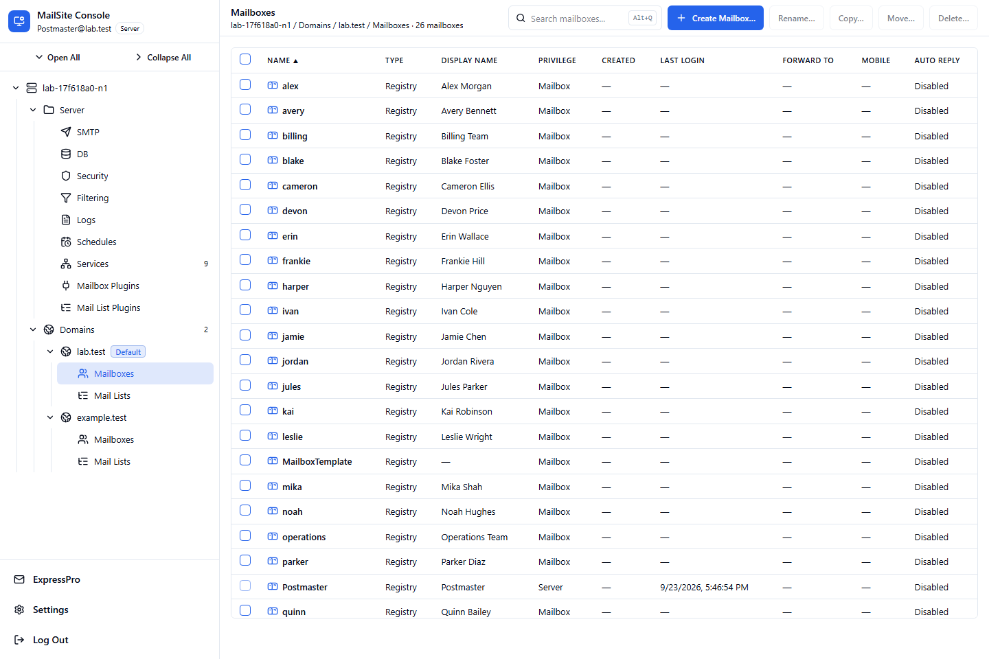 MailSite 11 Console showing a populated mailbox list