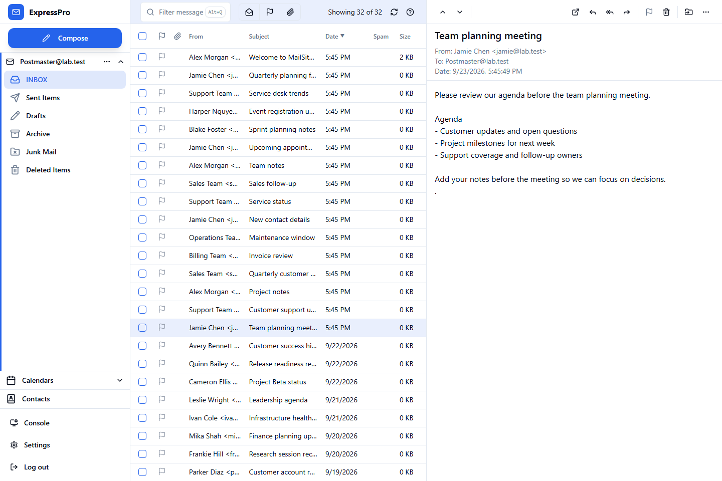 MailSite 11 ExpressPro inbox with messages and a reading pane