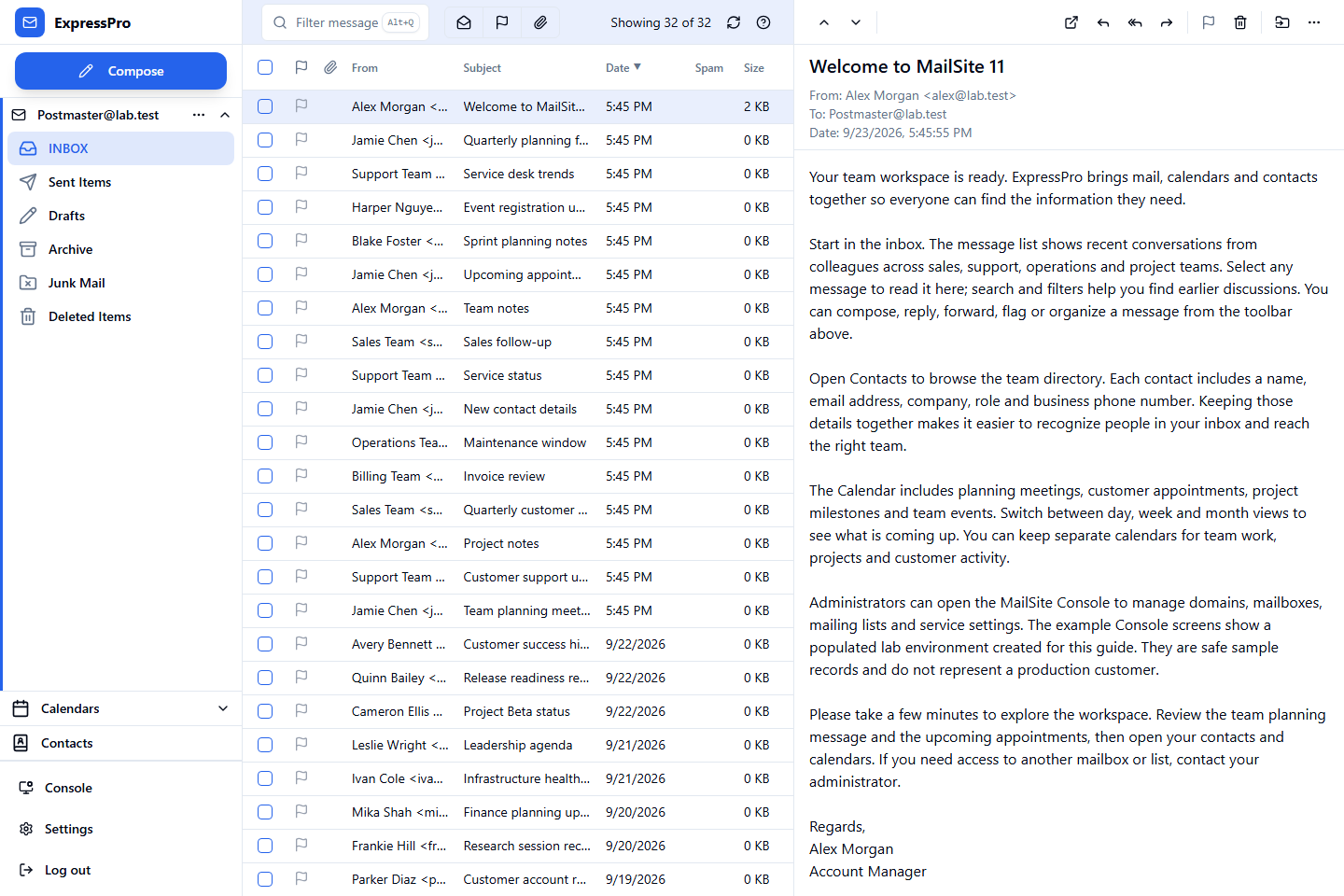 MailSite 11 ExpressPro inbox with a message open