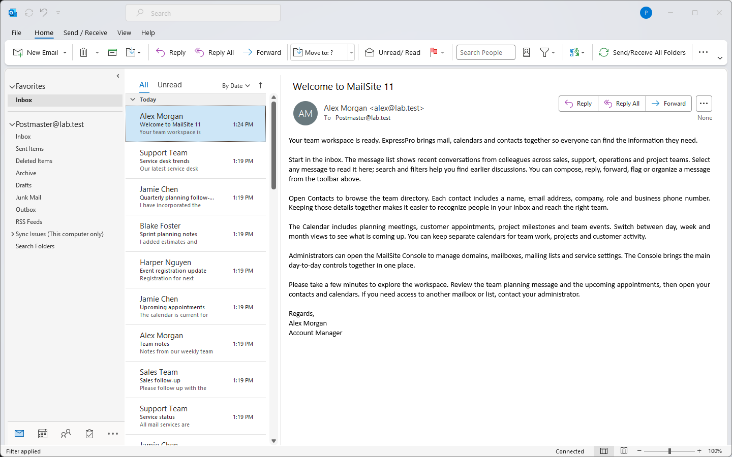 Classic Outlook Inbox with a populated message list and reading pane